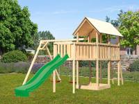 Akubi Spielturm Danny Satteldach + Rutsche grün + Doppelschaukel + Anbauplattform XL