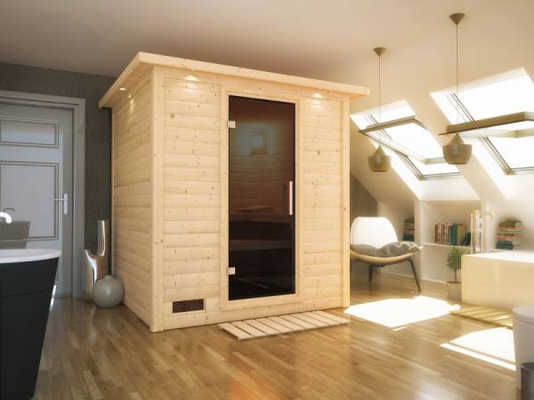 Karibu Sauna Mojave ohne Ofen, mit Dachkranz, mit moderner Saunatür
