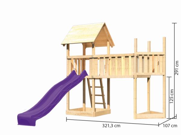 Akubi Spielturm Lotti Satteldach + Schiffsanbau oben + Anbauplattform XL + Rutsche in violett