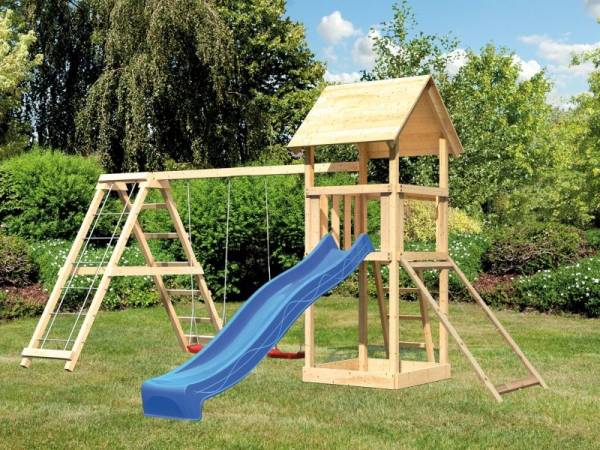 Karibu Spielturm Lotti- Doppelschaukel mit Klettergerüst, Netzrampe und Rutsche in blau Karibu Spielturm Lotti- Doppelschaukel mit Klettergerüst, Netzrampe und Rutsche in blau