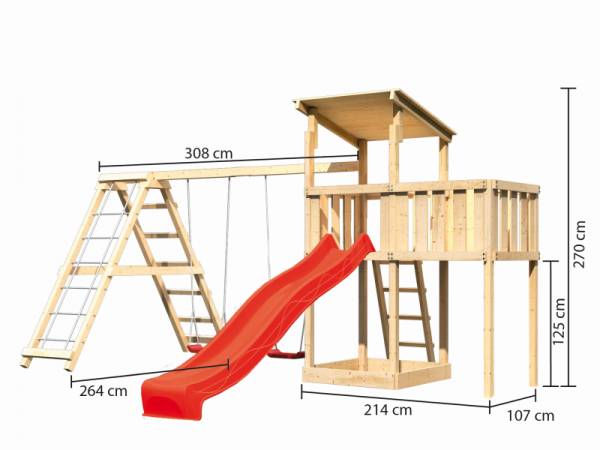 Akubi Spielturm Anna + Rutsche rot + Doppelschaukelanbau Klettergerüst + Anbauplattform