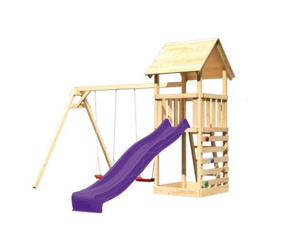 Akubi Spielturm Lotti mit Doppelschaukel, Kletterwand und Rutsche violett