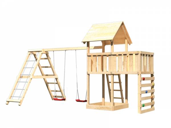 Akubi Spielturm Lotti Satteldach + Doppelschaukelanbau Klettergerüst + Anbauplattform + Kletterwand