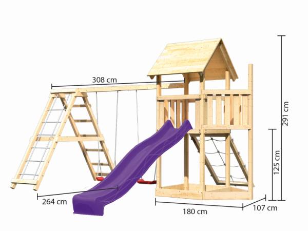 Akubi Spielturm Lotti Satteldach + Schiffsanbau oben + Doppelschaukel mit Klettergerüst + Netzrampe