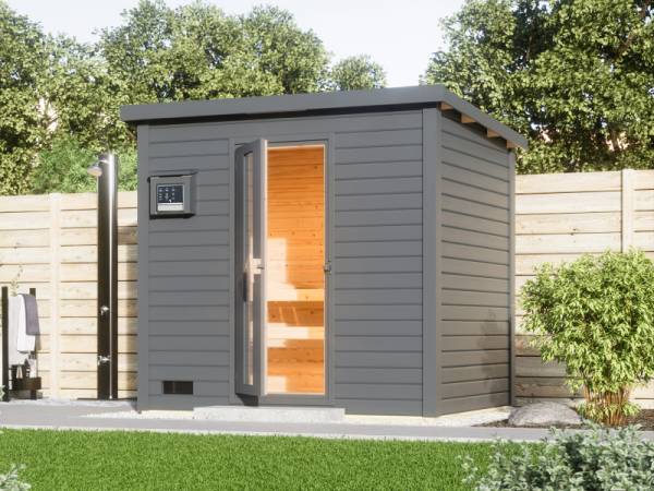 Karibu Saunahaus Hytti 3  38 mm terragrau - inkl. 9 kW Bioofen ext. Steuerung - inkl. Energiespartür und Fußboden