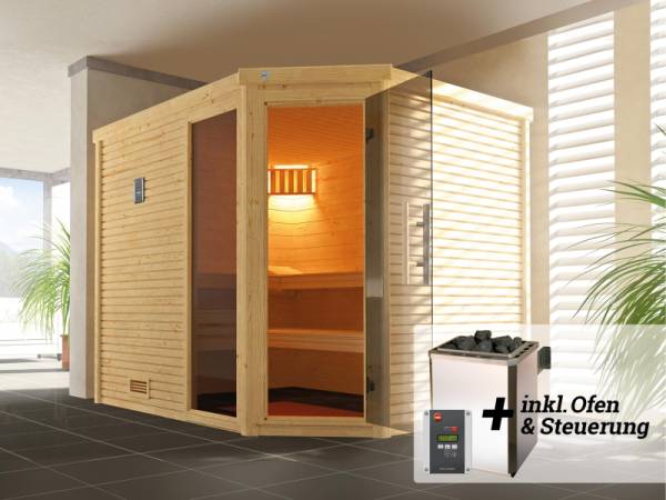 Weka Design-Sauna CUBILIS Gr. 3 Sparset 7,5 kW BioS inkl. digitaler Steuerung, Glastür und Fenster