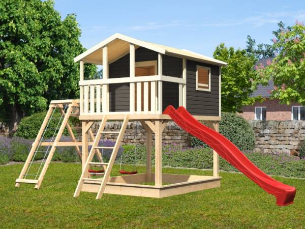 Karibu Stelzenhaus Benjamin grau mit Rutsche in rot und Doppelschaukelanbau mit Klettergerüst und Netzrampe