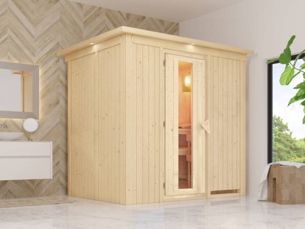 Karibu Energiesparsauna Benin ohne Ofen, mit Dachkranz, mit energiesparender Saunatür