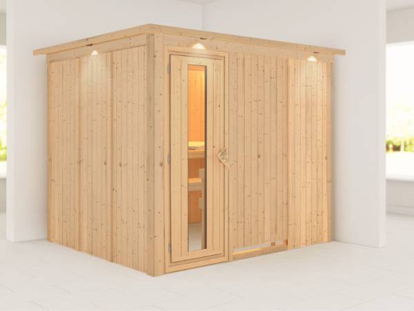 Karibu Sauna Gobin ohne Ofen, mit Dachkranz, mit energiesparender Saunatür