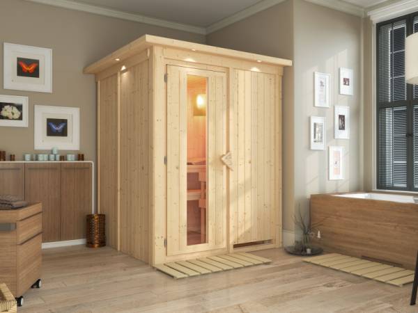 Minja - Karibu Sauna Plug & Play ohne Ofen - mit Dachkranz - Energiespartür