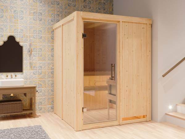 Karibu Sauna Norin inkl. 9 kW Bioofen mit externer Steuerung, mit Klarglas-Ganzglastür -ohne Dachkranz-