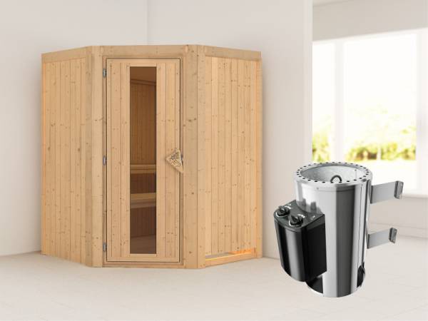 Nanja - Karibu Sauna Plug & Play 3,6 kW Ofen, int. Steuerung - ohne Dachkranz - Energiespartür