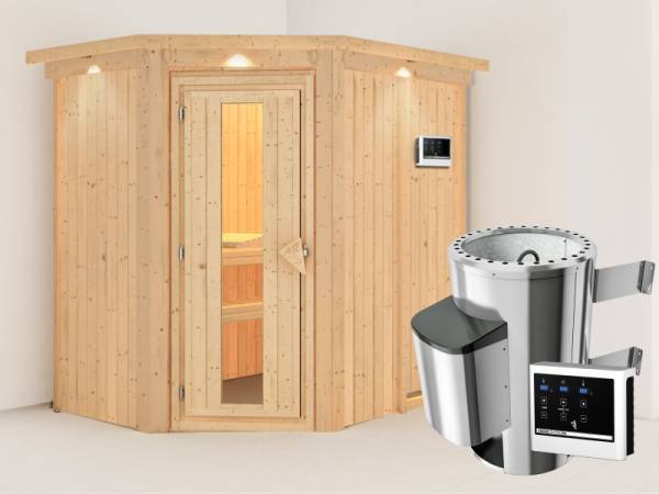 Karibu Energiesparsauna Caspin mit 3,6 kW Ofen ext. Strg, mit Dachkranz, mit energiesparender Saunatür