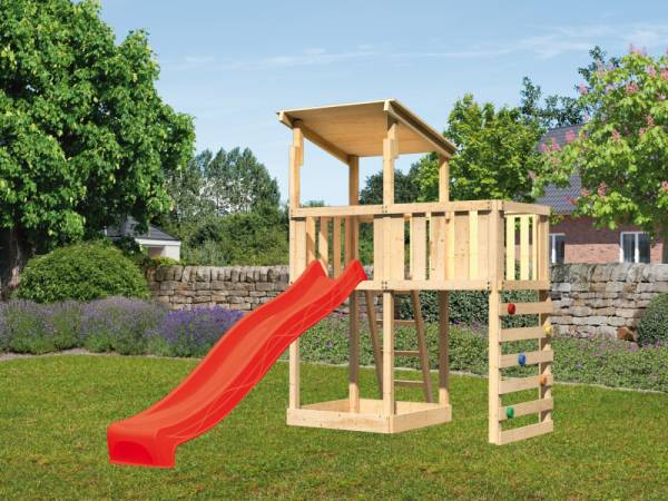 Spielturm Anna + Rutsche rot + Anbauplattform + Kletterwand Spielturm Anna + Rutsche rot + Anbauplattform + Kletterwand