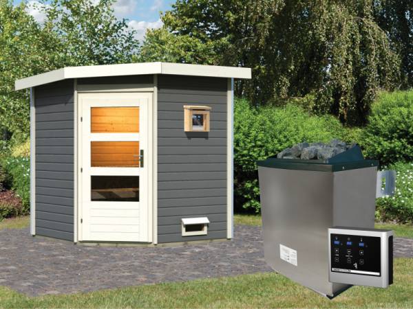 Karibu Saunahaus Pekka 38 mm- 9 kW Ofen ext. Strg- moderne Tür-terragrau