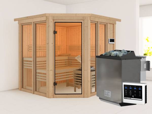 Karibu Sauna Airi, inkl. 9 kW Bioofen ext. Steuerung - mit Dachkranz - Karibu Sauna Airi, inkl. 9 kW Bioofen ext. Steuerung - mit Dachkranz -