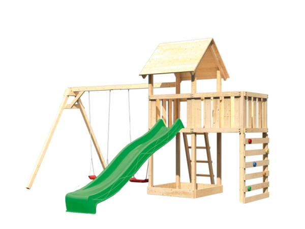 Akubi Spielturm Lotti Satteldach + Rutsche grün + Doppelschaukel + Anbauplattform + Kletterwand