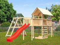 Akubi Spielturm Danny Satteldach + Rutsche rot + Doppelschaukelanbau Klettergerüst + Anbauplattform