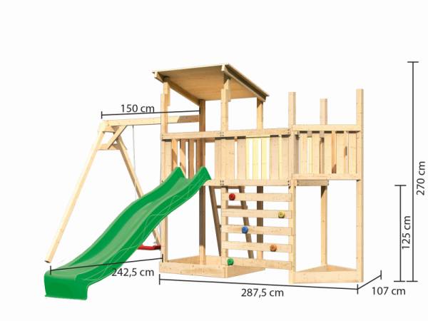 Akubi Spielturm Anna + Rutsche grün + Einzelschaukel + Anbauplattform + Kletterwand + Schiffsanbau o