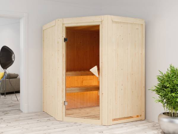 Karibu Sauna Larin inkl. 9 kW Bioofen externe Steuerung, mit bronzierter Ganzglastür - ohne Dachkranz -