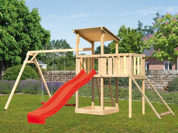 Karibu Spielturm Anna + Rutsche rot + Doppelschaukel + Anbauplattform + Netzrampe Karibu Spielturm Anna + Rutsche rot + Doppelschaukel + Anbauplattform + Netzrampe