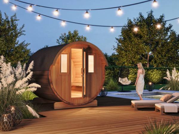 Wolff Finnhaus Saunafass Basic 230 montiert DS schwarz Anstrich Walnuss