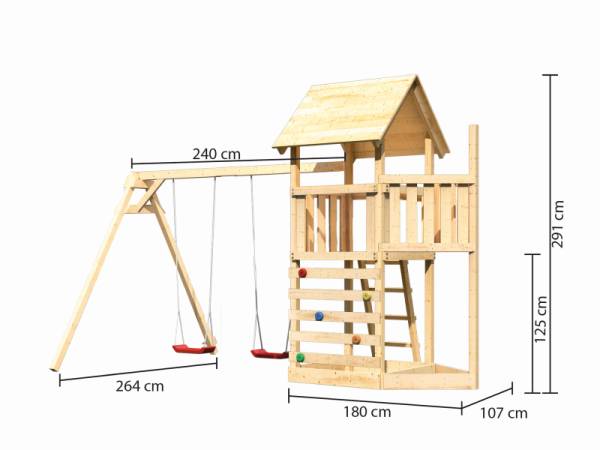 Akubi Spielturm Lotti Satteldach + Schiffsanbau oben + Doppelschaukel + Kletterwand