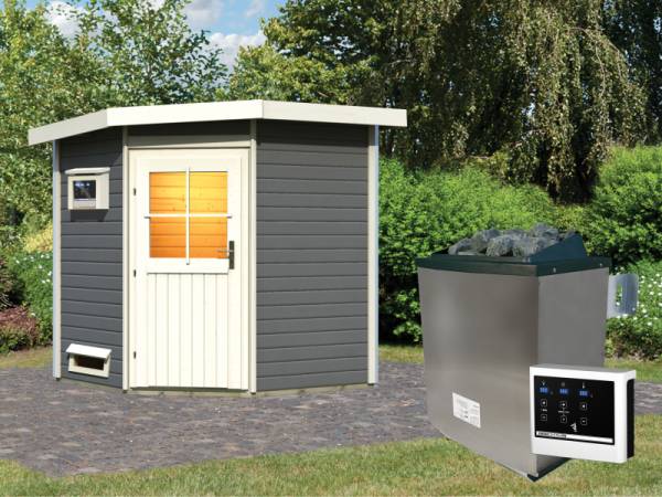 Karibu Saunahaus Pekka, terragrau, inkl. 9kW Ofen ext. Steuerung -klassische Tür-