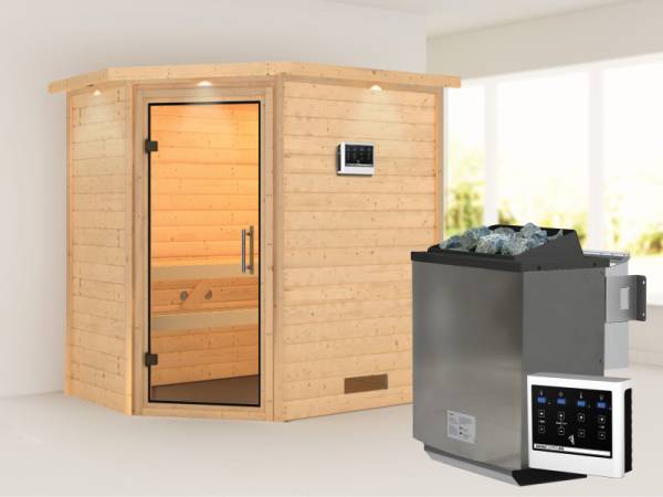 Karibu Sauna Svea inkl. 9 kW Bioofen ext. Steuerung mit Klarglas Saunatür -mit Dachkranz-