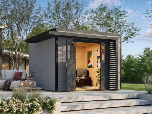 Weka Design-Gartenhaus Pure Garden Amberley 1/3, 28 mm, 300x300 cm, Grau/Anthrazit, Massivholz-Doppeltür