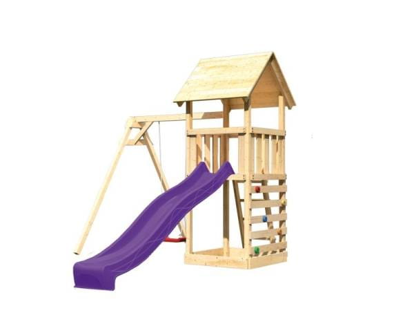 Akubi Spielturm Lotti mit Einzelschaukel, Kletterwand und Rutsche violett