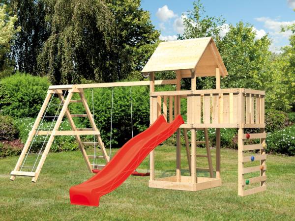 Karibu Spielturm Lotti Satteldach + Rutsche rot + Doppelschaukel Klettergerüst + Anbauplattform + Kletterwand