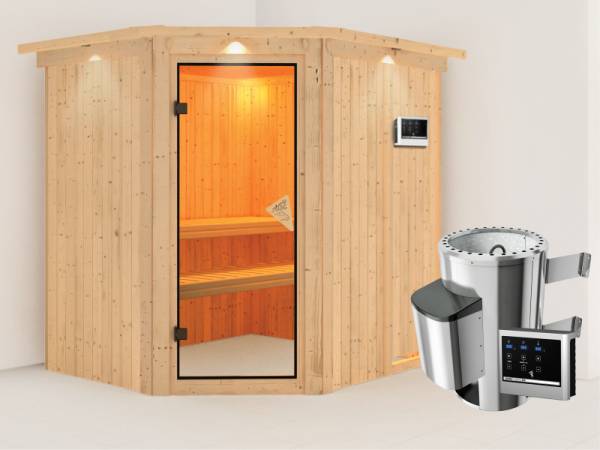 Lilja - Karibu Sauna Plug & Play inkl. 3,6 kW-Ofen - mit Dachkranz -