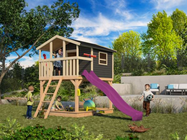 Akubi Stelzenhaus Benjamin terragrau + Rutsche violett + Sandkasten Akubi Stelzenhaus Benjamin terragrau + Rutsche violett + Sandkasten