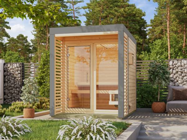 Karibu Hybrid Saunahaus Ares 1, naturbelassen/graualuminium, inkl. 9 kW Ofen ext. Steuerung
