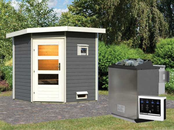 Karibu Saunahaus Pekka 38 mm- Ofen 9 KW Bio externe Strg easy- moderne Tür-terragrau