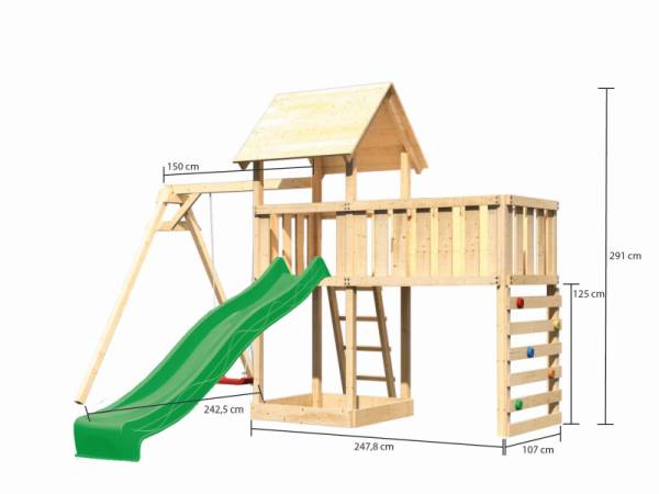 Akubi Spielturm Lotti Satteldach + Rutsche grün + Einzelschaukel + Anbauplattform XL + Kletterwand