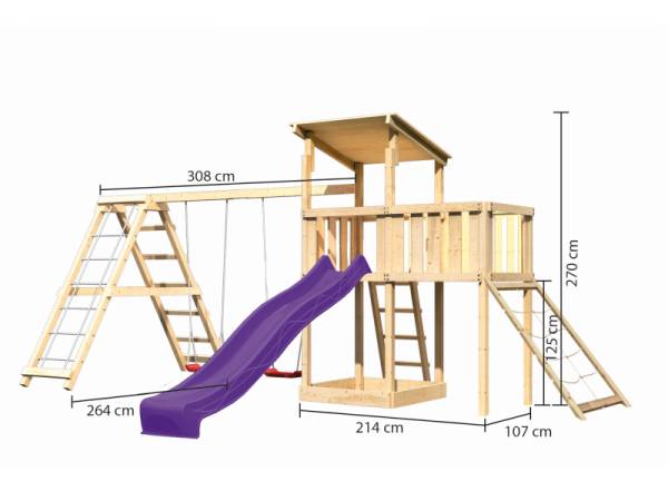 Akubi Spielturm Anna + Rutsche violett + Doppelschaukelanbau Klettergerüst + Anbauplattform + Netzra