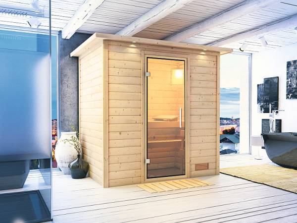 Karibu Massivholzsauna Sonja 38 mm mit Klarglas Ganzglastür, mit Dachkranz