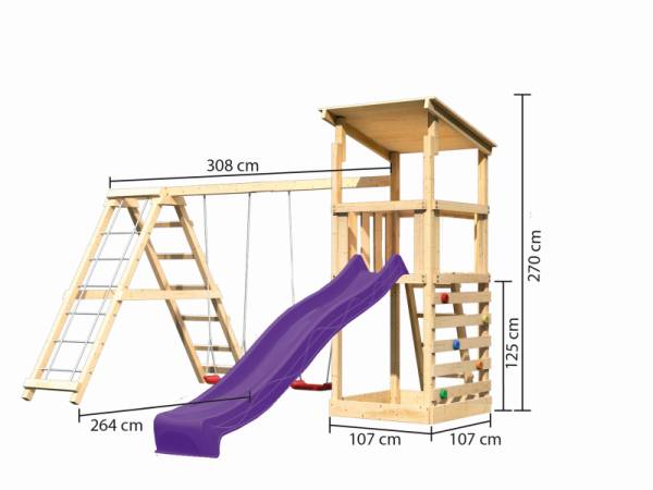 Akubi Spielturm Anna + Rutsche violett + Doppelschaukelanbau Klettergerüst + Kletterwand