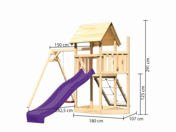 Akubi Spielturm Lotti Satteldach + Schiffsanbau oben + Einzelschaukel + Netzrampe + Rutsche in viole
