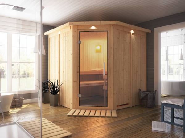 Karibu Sauna Jarin ohne Ofen, mit Dachkranz, mit Ganzglas Klarglastür