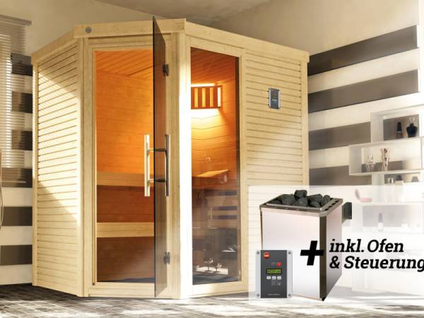 Weka Sauna Cubilis Eck 1, inkl. 4,5 kW Bioofen inkl. digitaler Steuerung (BioS), mit Glastür, Fenster und Montage