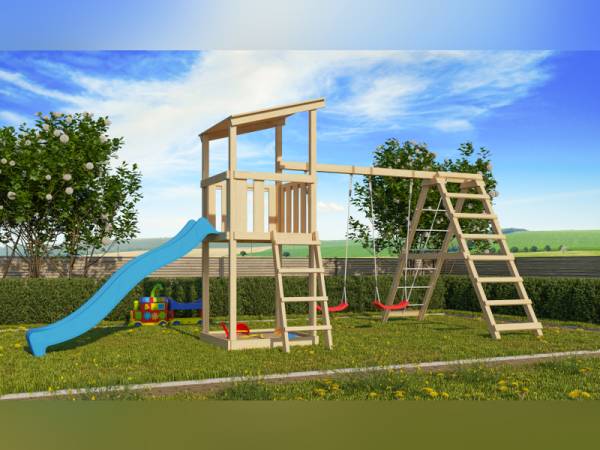 Karibu Spielturm Anna + Rutsche blau + Doppelschaukelanbau Klettergerüst Karibu Spielturm Anna + Rutsche blau + Doppelschaukelanbau Klettergerüst