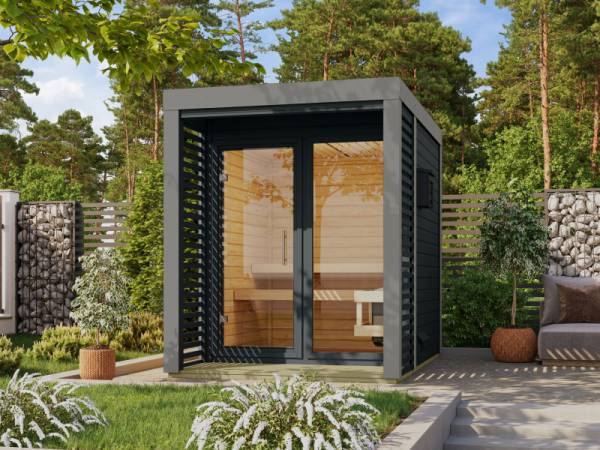 Karibu Hybrid Saunahaus Ares 1, anthrazit/graualuminium, inkl. 9 kW Ofen ext. Steuerung