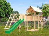 Akubi Spielturm Danny Satteldach + Rutsche grün + Doppelschaukelanbau Klettergerüst + Anbauplattform