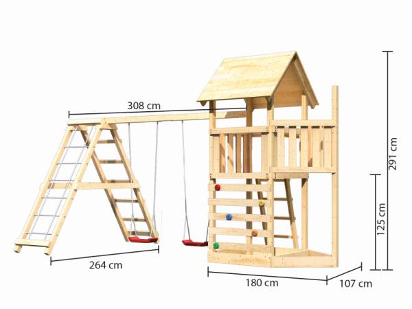 Akubi Spielturm Lotti Satteldach + Schiffsanbau oben + Doppelschaukel mit Klettergerüst + Kletterwan