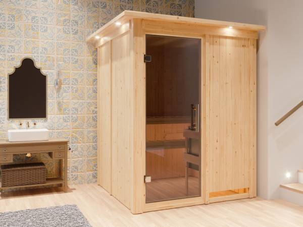 Karibu Sauna Norin inkl. 9 kW Bioofen mit externer Steuerung, mit moderner Saunatür -mit Dachkranz-