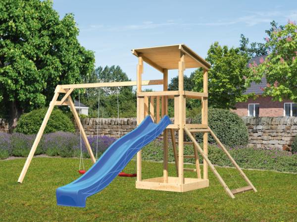 Karibu Spielturm Anna + Rutsche blau + Doppelschaukel + Netzrampe Karibu Spielturm Anna + Rutsche blau + Doppelschaukel + Netzrampe