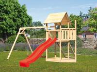 Akubi Spielturm Lotti Satteldach + Schiffsanbau oben + Doppelschaukel + Netzrampe + Rutsche in rot